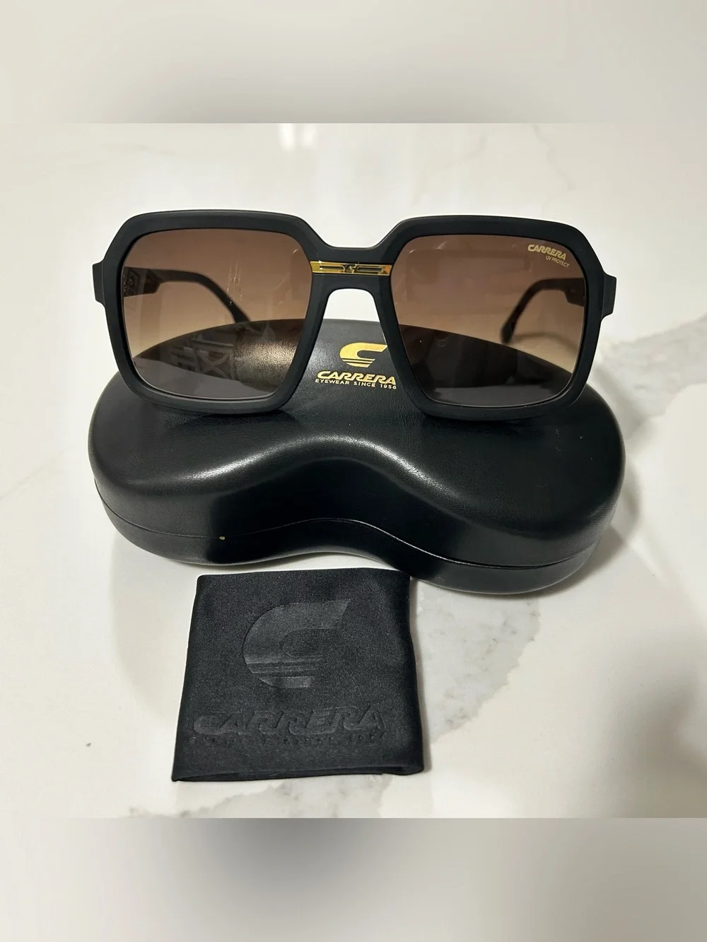 Carrera Black Frame Sunglasses with Brown Gradient Lenses and Gold Accent
